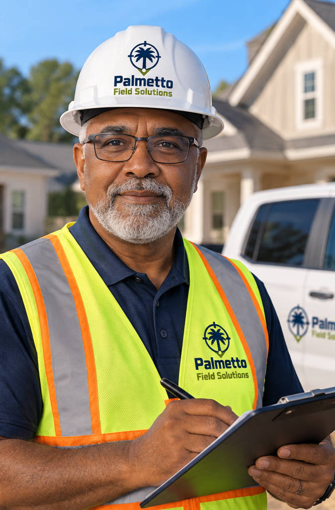Palmetto Field Solutions field specialist in branded hard hat and safety vest on a residential job site